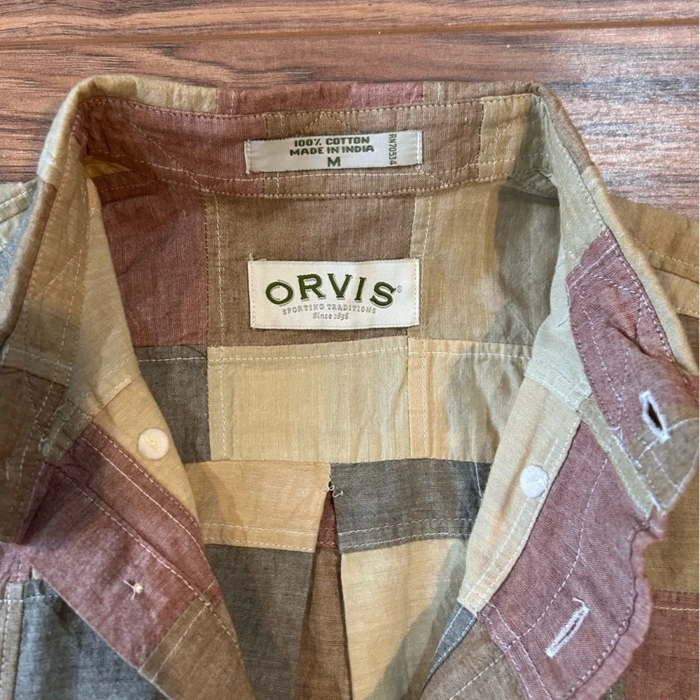 Orvis Men's Plaid Short Sleeve Shirt Patchwork Medium Rustic Vintage 100% Cotton
